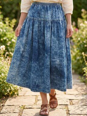 VTG 80s/90s Acid Wash Denim Maxi Skirt Elastic Waist Flared Pull-On Boho Grunge